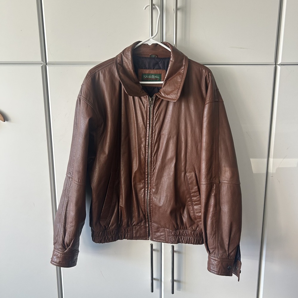 Savile Row Mens Brown Leather Bomber Jacket Vintage Full Zip Size Medium